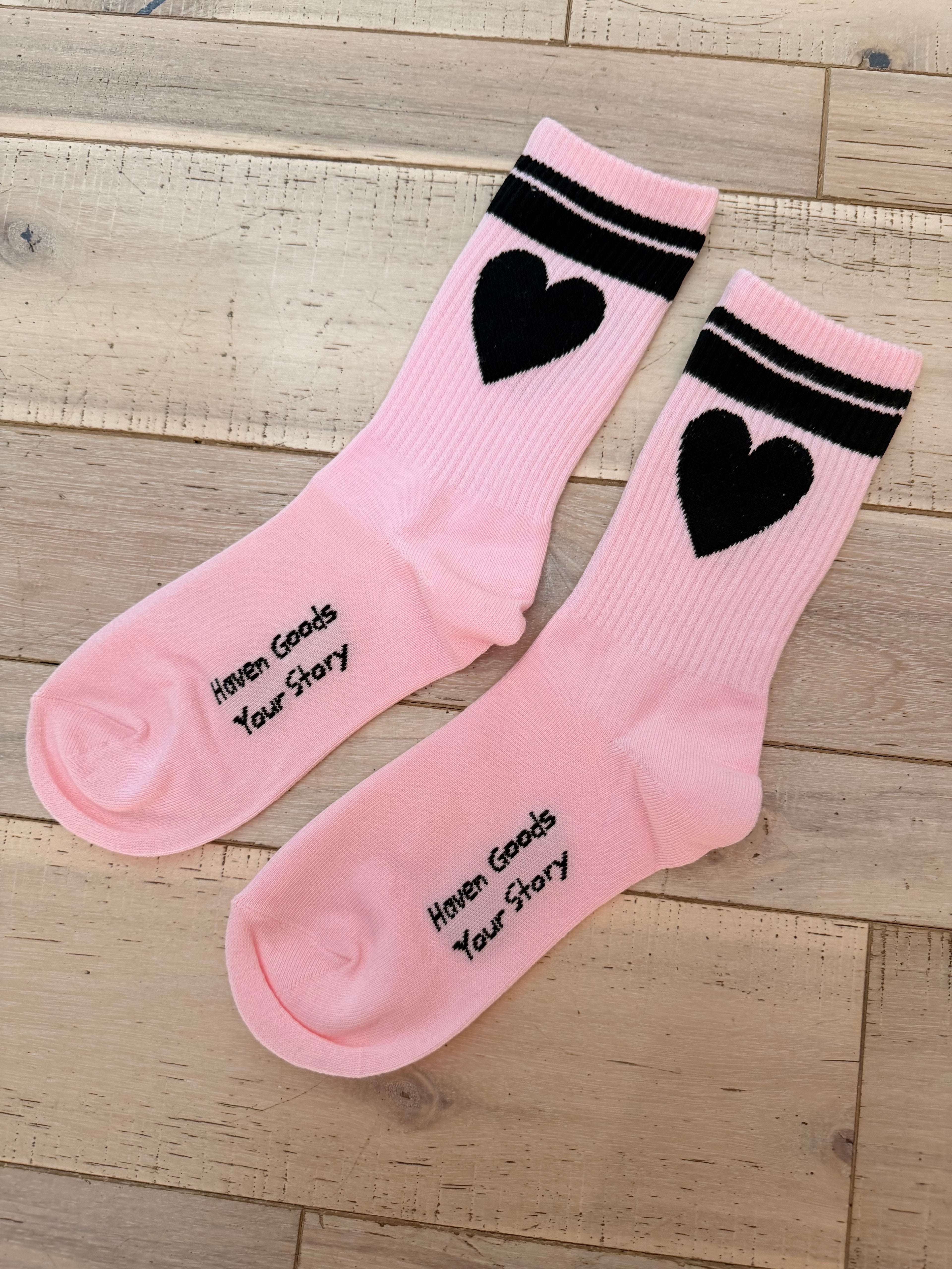 Black Heart on Pink Cotton Crew Sock