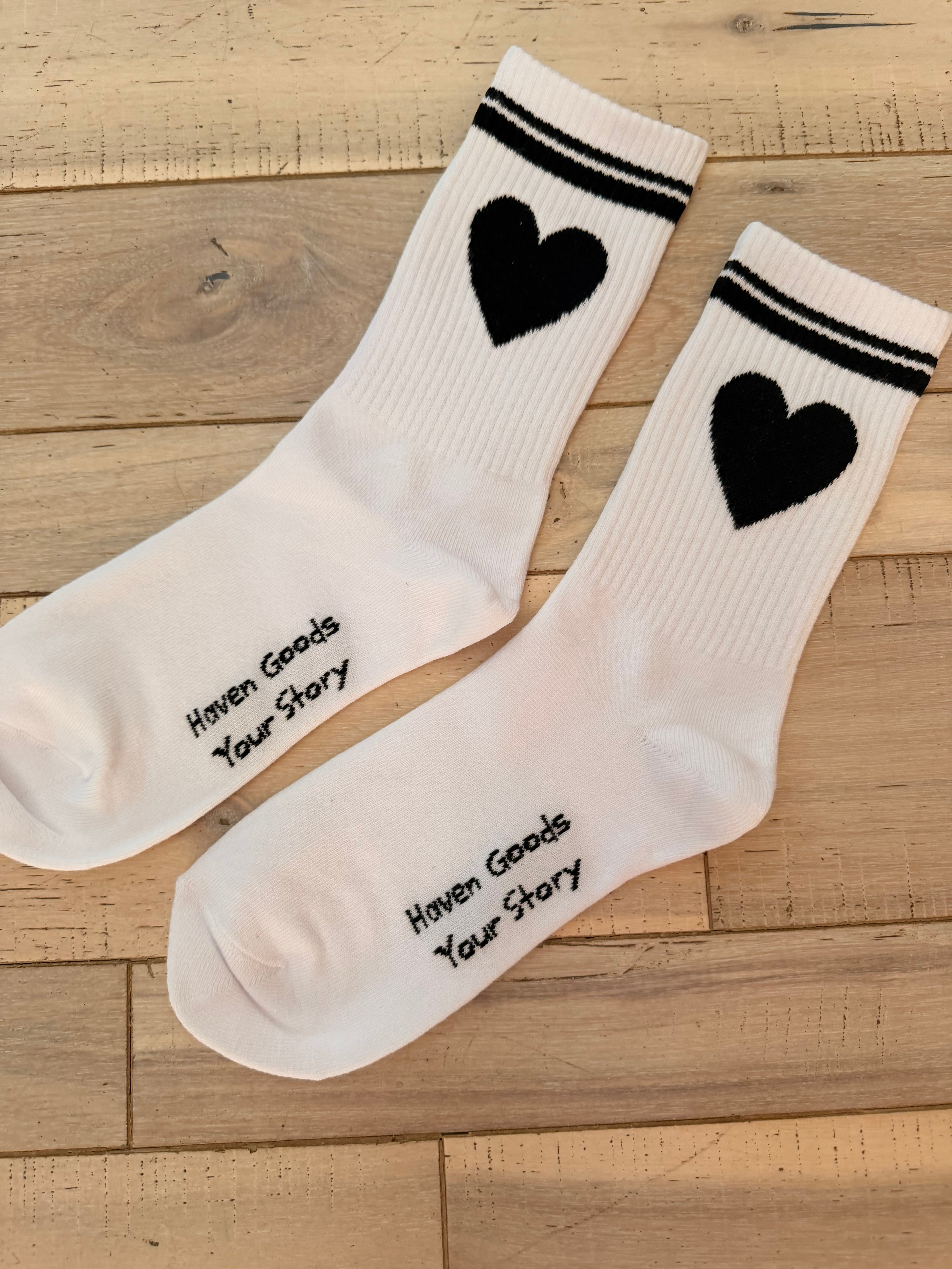 Black Heart White Cotton Crew Socks