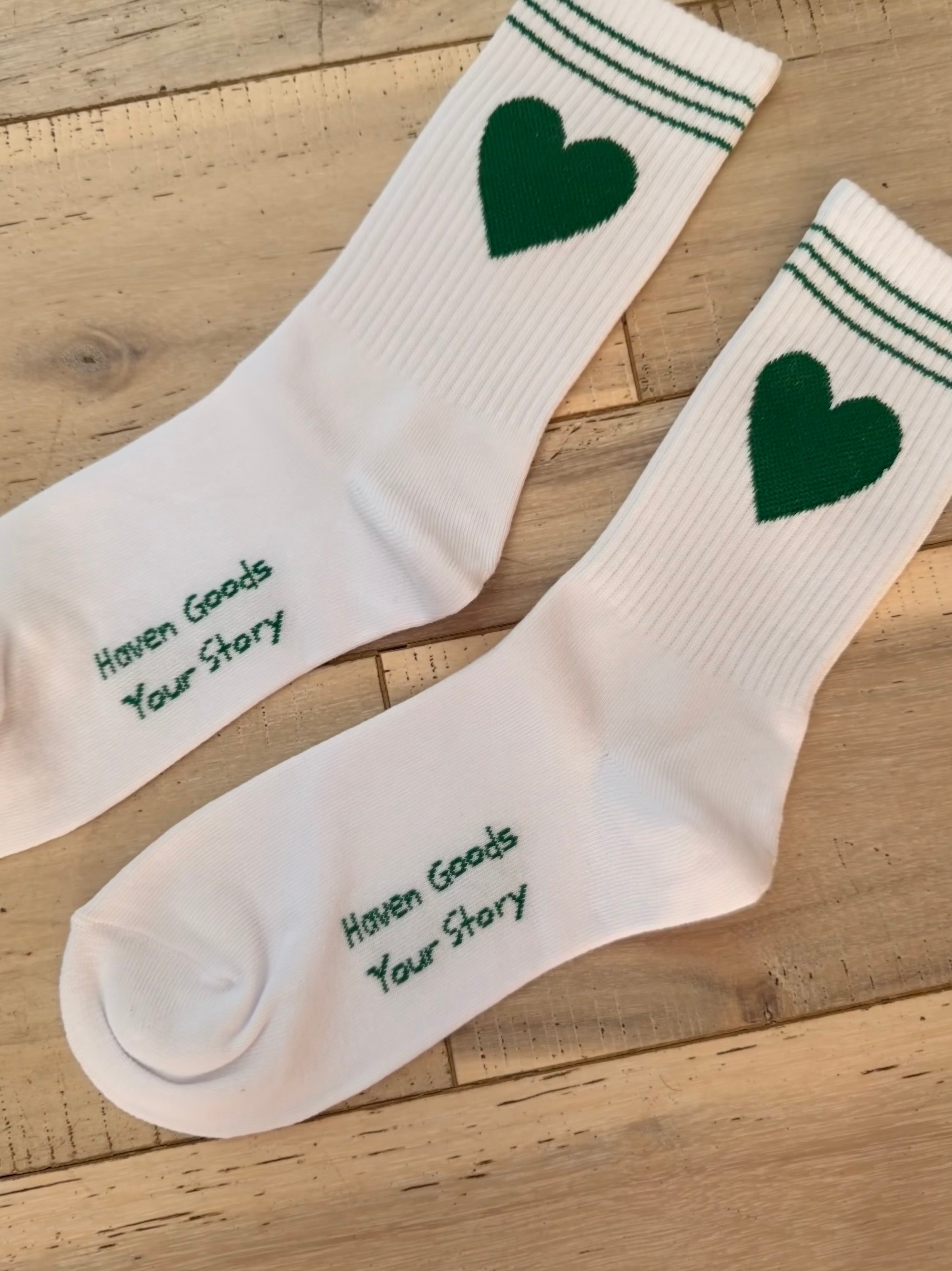 Green Heart Cotton White Crew Sock