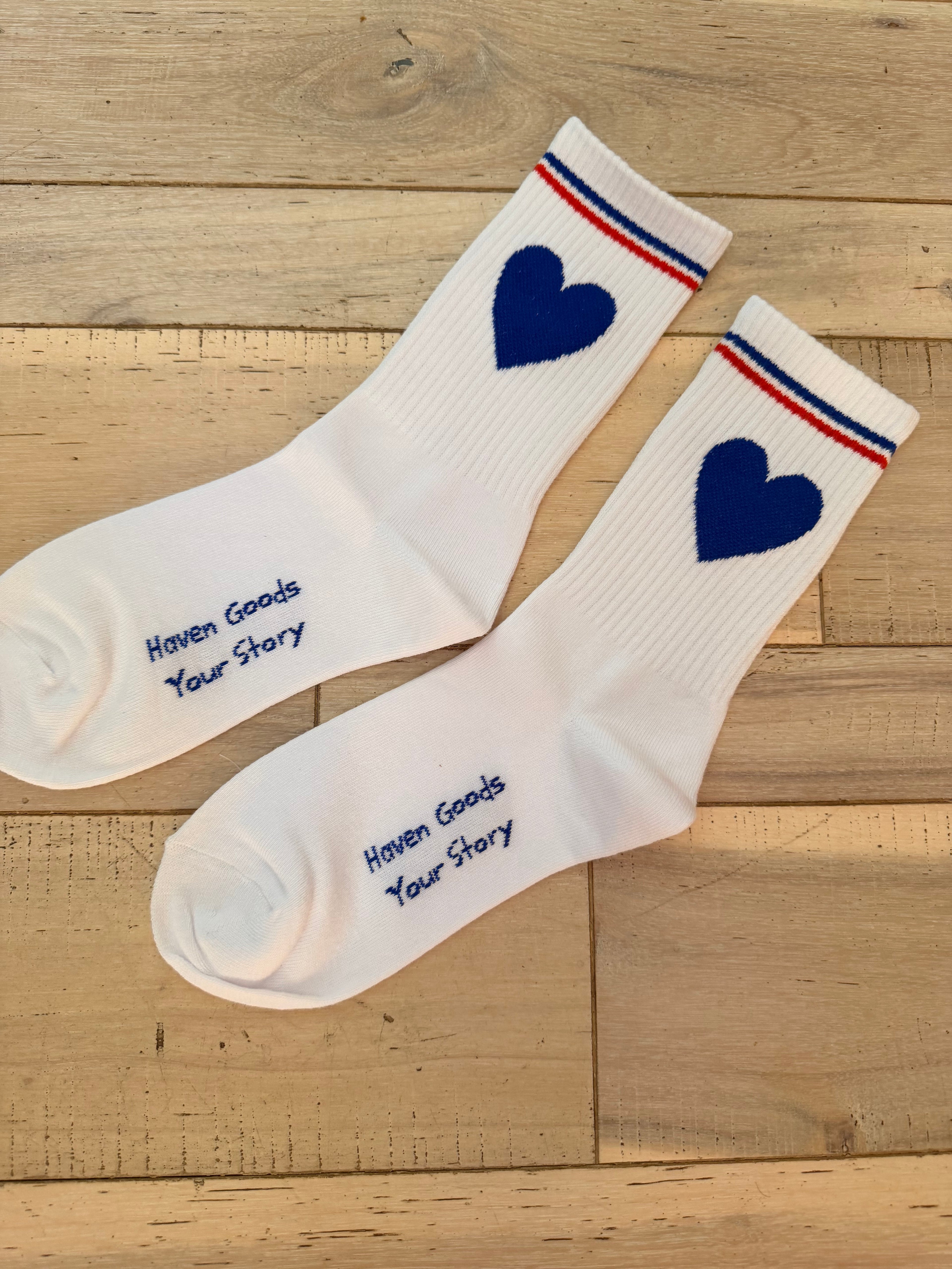 White & Blue Heart Cotton Crew Socks