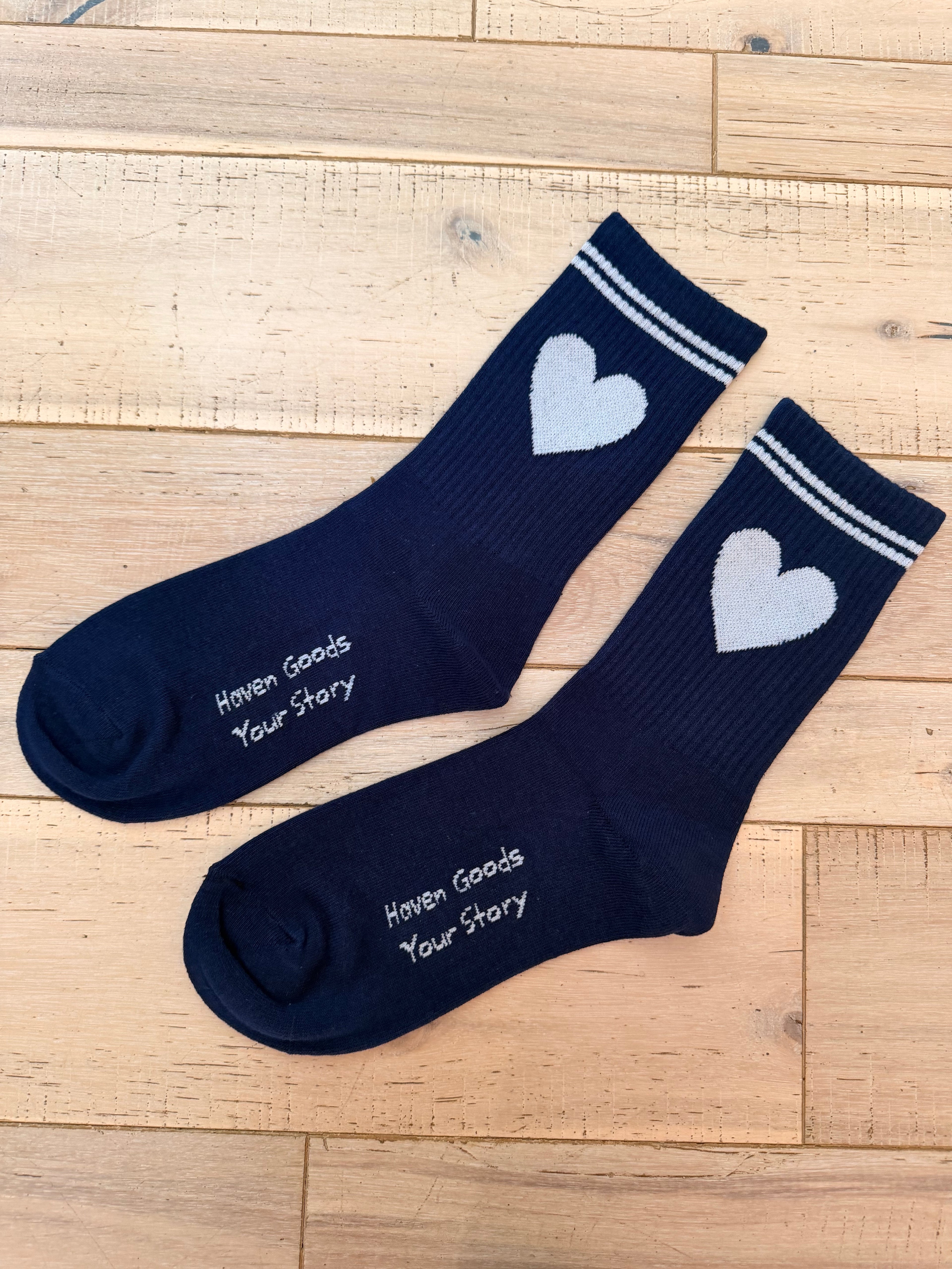 White Heart Cotton Navy Crew Socks