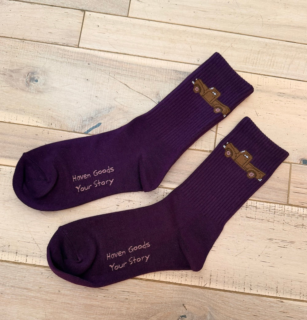 Vintage Truck Purple Cotton Crew Socks